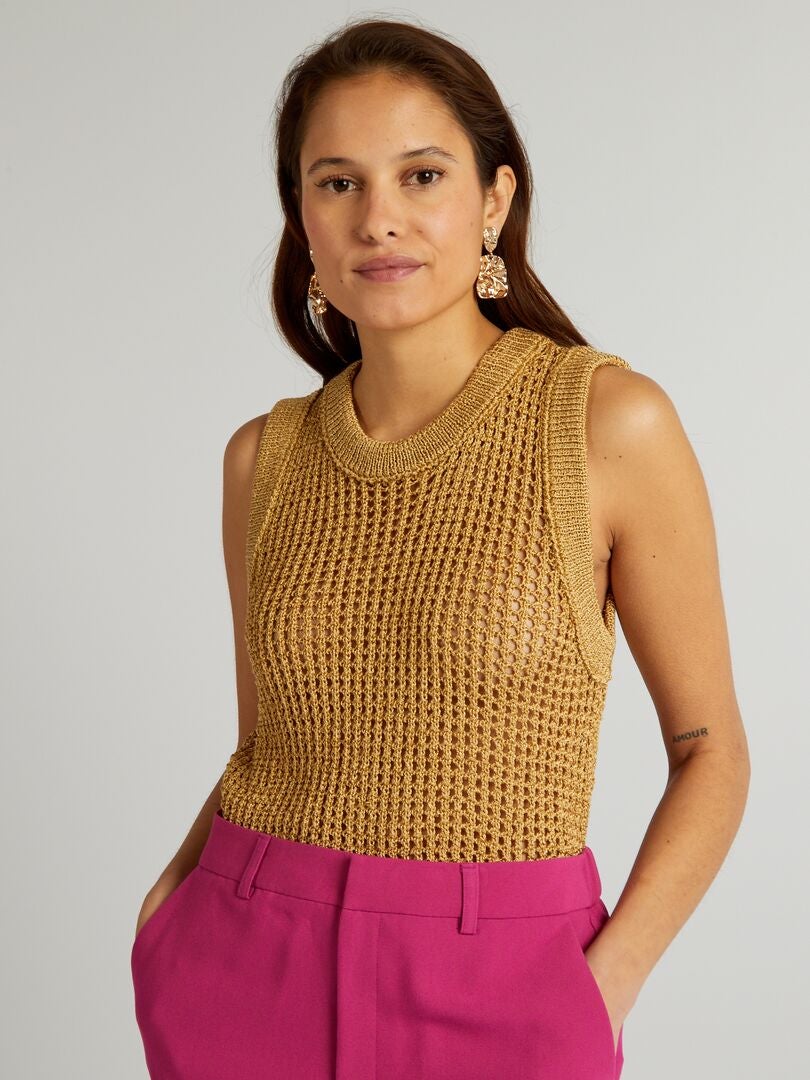 Gehaakte mouwloze cropped trui - GEEL