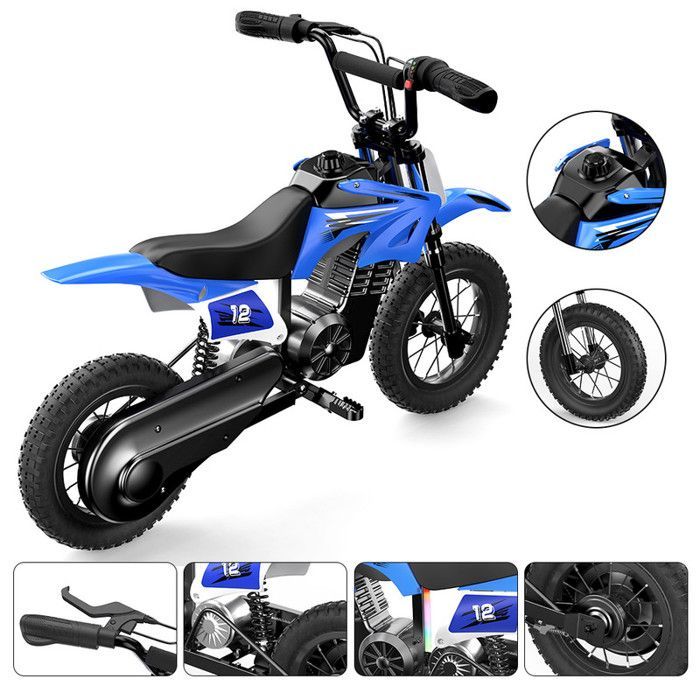 Moto électrique Enfant A12-Bleue-12''-350W-36V5,2 Ah-Charge Maximale 70 kg-Trois Vitesses-Sonnette-Autonomie 22 km-Tout terrain