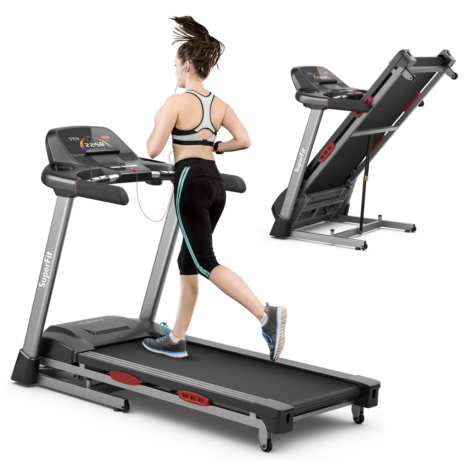 Goplus 4,75 pk opklapbare loopband voor thuisgym, commerciële zware Superfit loopband met 15% automatische hellingshoek
