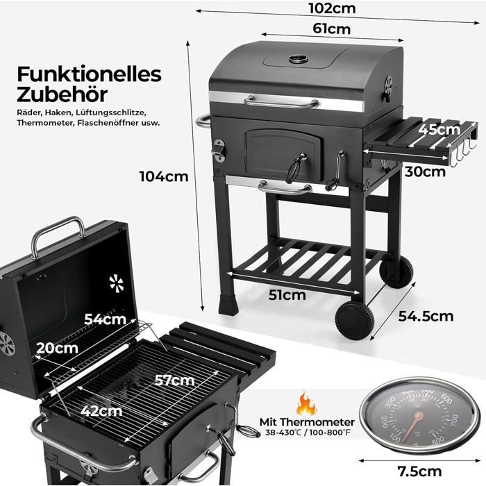Barbecue Charbon de Bois XL,Grill à Charbon pour Camping et Jardin,BBQ Smoker,Réglable en Hauteur,avec Thermomètre et Roulettes