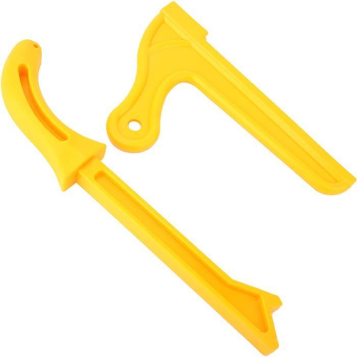 2 empujadores de seguridad amarillos: ideales para sierras de mesa y fresadoras de madera.