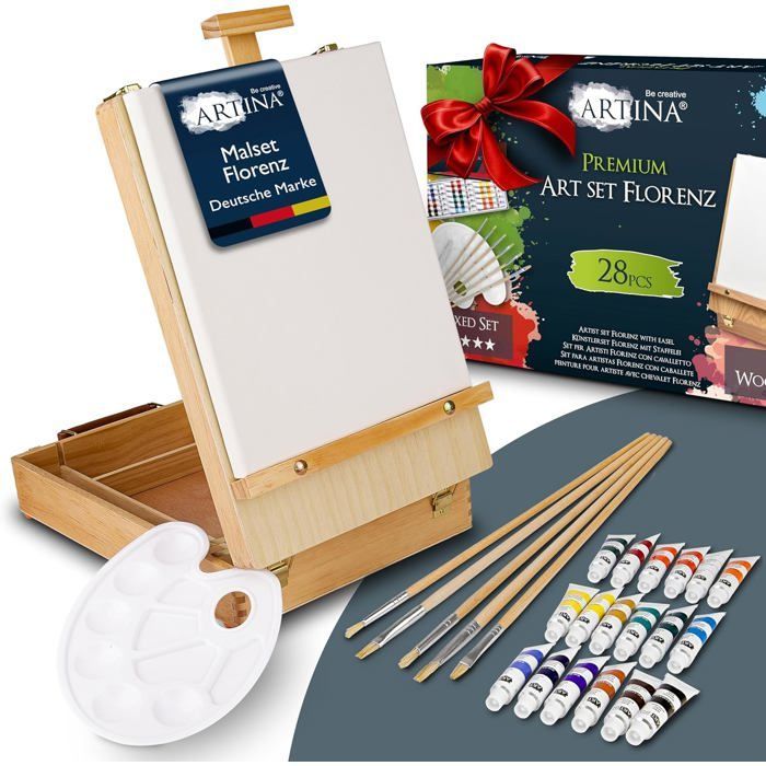 Artina Florenz Premium 28-Piece Painting Set in a Paint Box – Painting Kit with Paints, Easel and More