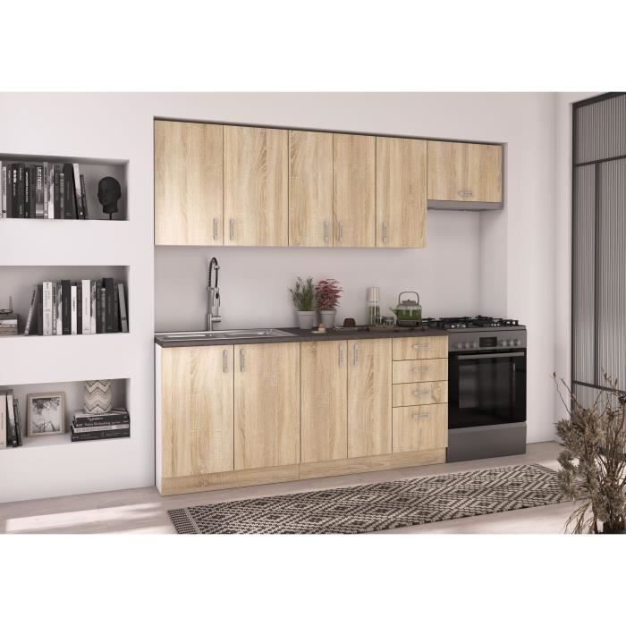 SARA Cuisine complète modulable - 7 éléments - Décor chêne sonoma - L 240 cm - Plan de travail non inclus
