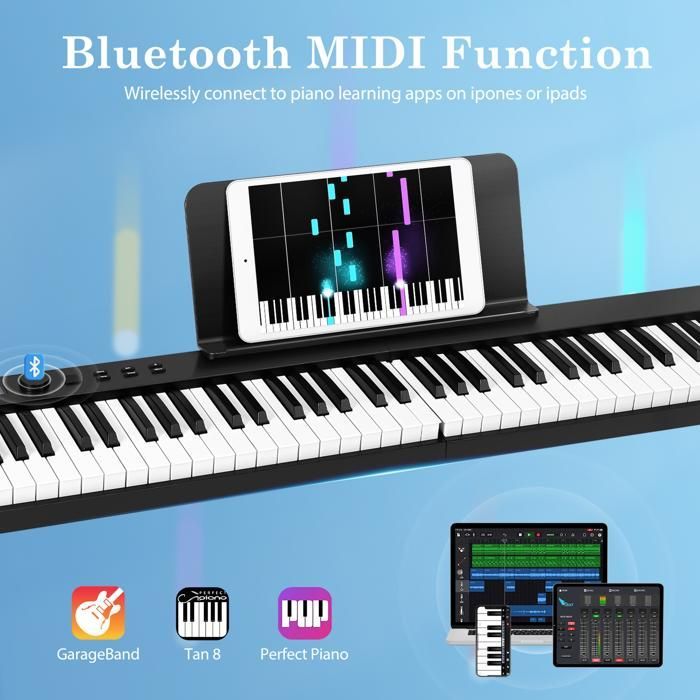 TTLIFE Tastiera per pianoforte elettronico a 88 tasti, pianoforte multifunzionale, tastiera elettronica a 128 toni, pieghevole a 180°