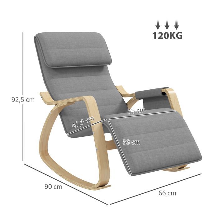 Sillón reclinable mecedor/silla de lactancia con reposapiés ajustable, bolsillo lateral y reposacabezas, color gris.