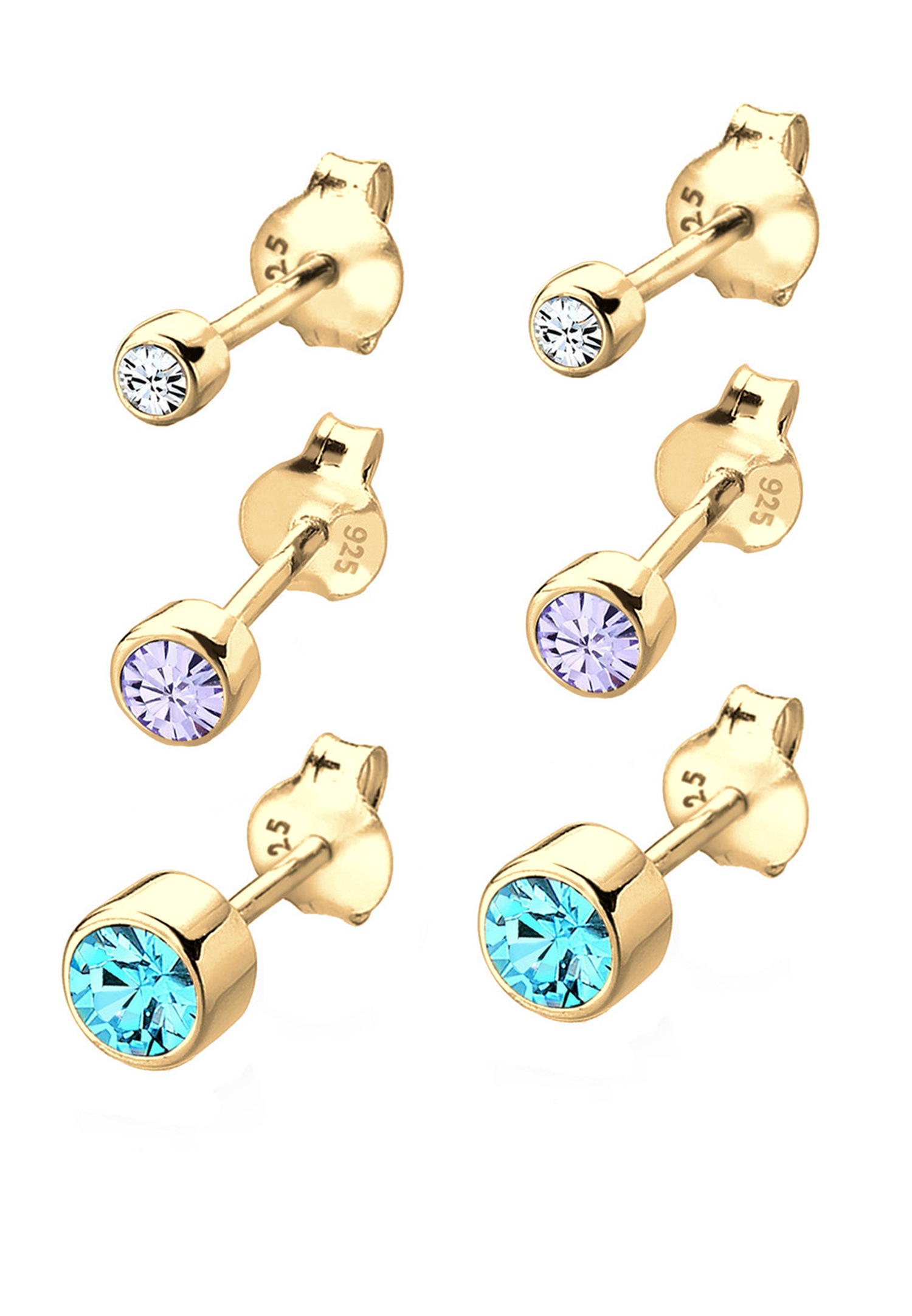 Elli Femmes clous d'oreilles Basic set de 3 avec cristaux en argent sterling 925 plaqué or