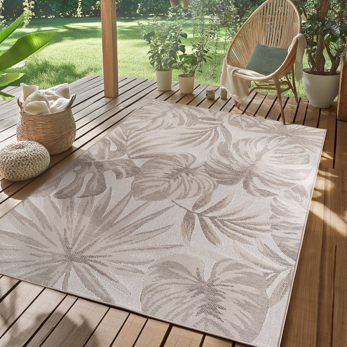 Alfombra de exterior SIMPEX color beige, 200x290 cm, ideal para la cocina, diseño de hojas de palma.