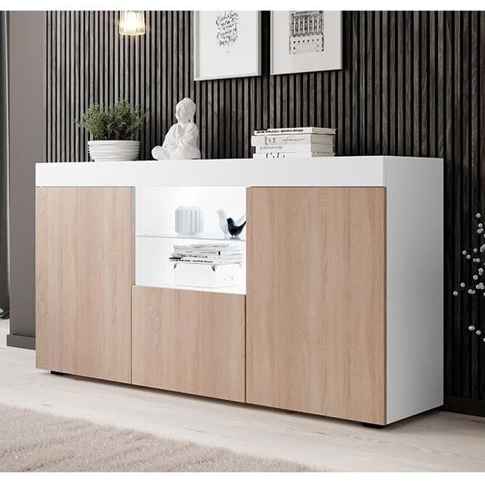 Aparador de 3 puertas con iluminación LED | 150 x 83 x 40 cm | Roble Sonoma y blanco mate | Mueble de almacenamiento | Modelo NATOLIA