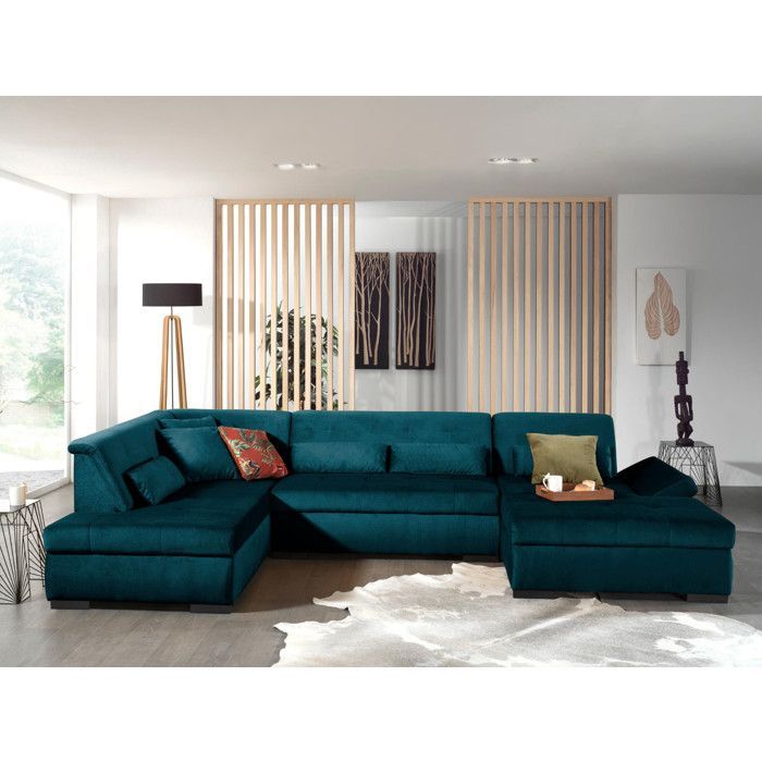 Vermont – Eck-Panoramasofa links – 7-Sitzer – XXL – in Samt – Entenblau