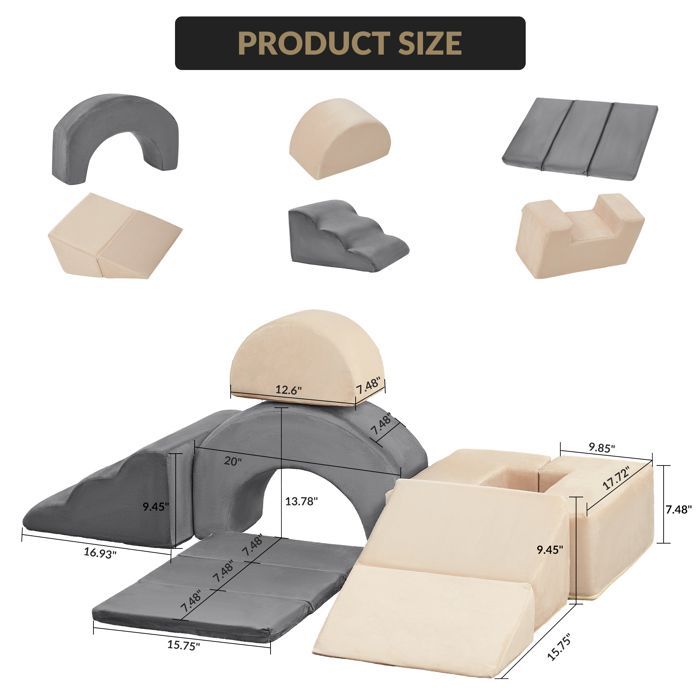 7 bloques de construcción/escalada de espuma para niños, juego de interior suave + tobogán, rampa y escaleras, gris y beige.