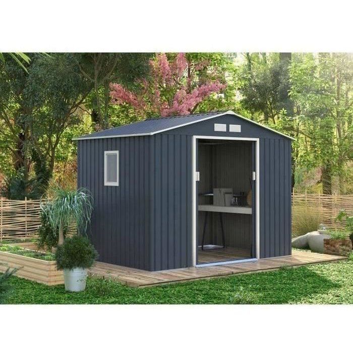 Abri de jardin en métal 5,29 m² - 277 x 191 x 202 cm - VENUS Kit d'ancrage inclus, 2 portes coulissantes, 1 fenêtre latérale Gris