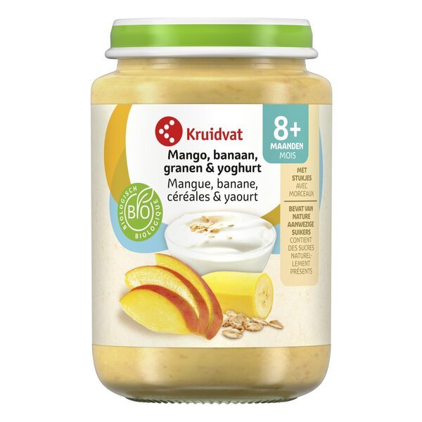 Kruidvat 8+M Organické ovocné maškrty s mangom, banánom, cereáliami a jogurtom<br>190g