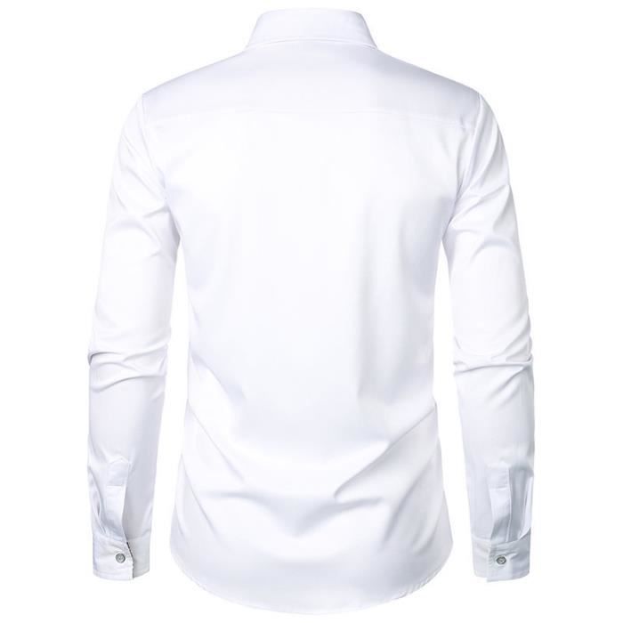 Camisa de vestir para hombre, manga larga, corte ajustado, cuello cuadrado con lunares en contraste, cómoda - Talla europea - Blanca