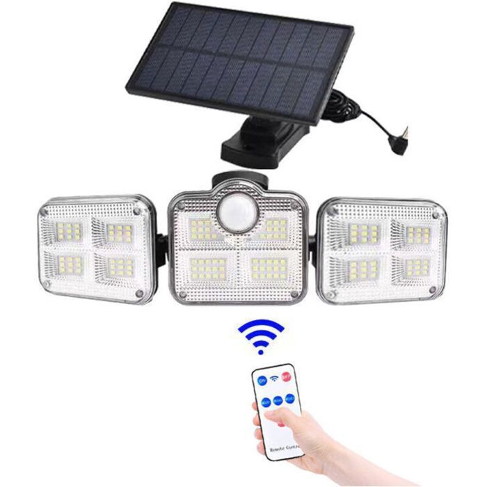 Iluminación solar exterior - PZCC - 122 LED - Sensor de movimiento - Resistencia al agua IP65 - 3 cabezales ajustables - Ángulo de haz de 120°