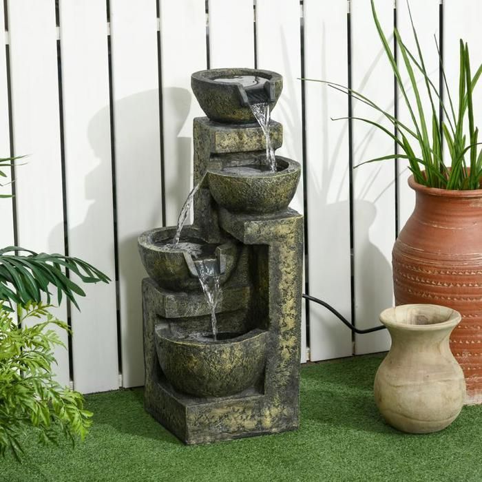 Fontaine de jardin avec 4 débits réglables, élément décoratif et cascade pour jardin et bassin, en résine.