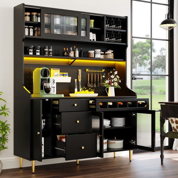 Buffet moderne, meuble de cuisine avec étagères réglables, armoire haute de salon, équipée d'un éclairage LED, 145×39×171 cm, noir.