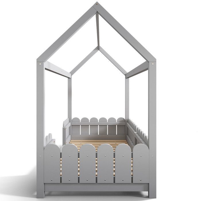 Lit enfant - Maison - Bois massif - Gris - Protection contre les chutes