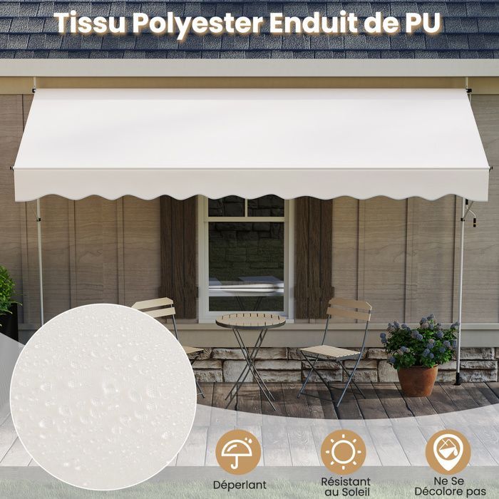 COSTWAY Manual Retractable Awning 4 x 1.2M - Crank Handle, Adjustable Height 210-300CM, White UV-Resistant Patio Awning