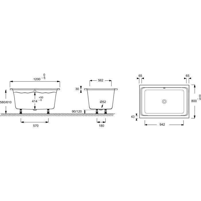 Bañera-ducha rectangular Jacob Delafon Capsule de 120 x 80 cm, color blanco.