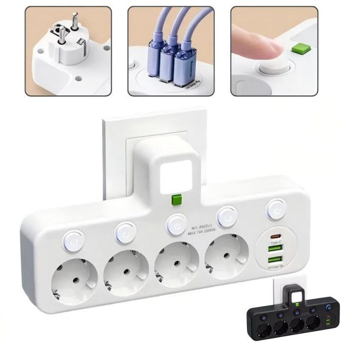 Multiprise Murale avec 4 Prises 2 USB-A 1 Type-C, Interrupteur Individuel, pour Chambre Cuisine Bureau