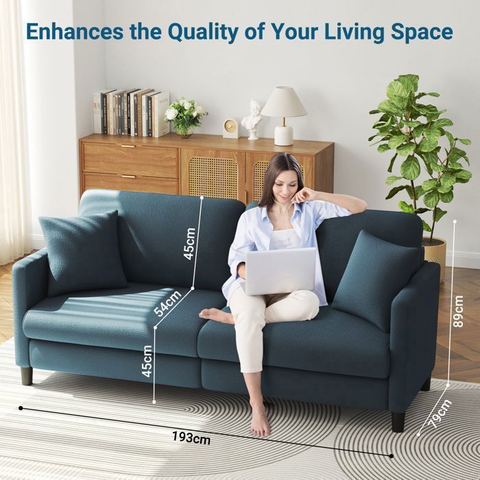 3-Seater Teddy Velvet Sofa in Blue Grey for Living Room, Bedroom, Scandinavian Style with 3 Cushions, 2 Pillows, 193×78×85CM