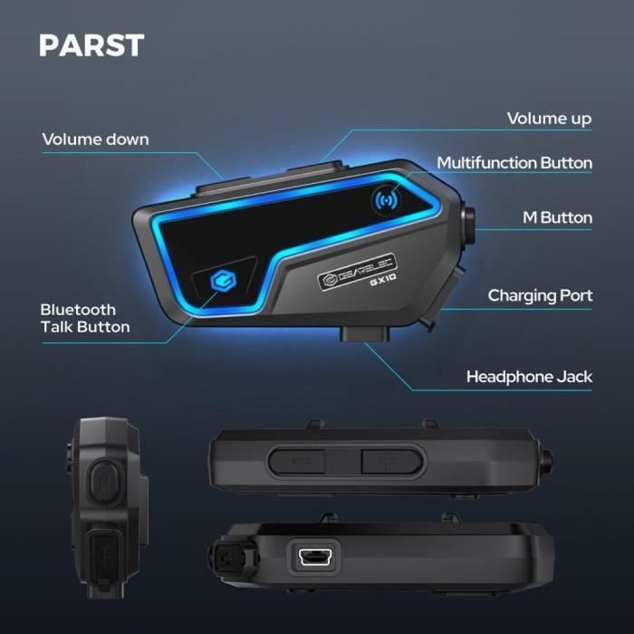 Intercomunicador Bluetooth para motocicleta - GEARELEC - GX10 - Resistente al agua IP67 - Bluetooth 5.2 - 25 horas de conversación