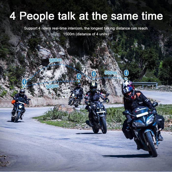 Intercomunicador Bluetooth V4 Plus para motos, 1500 m, comunicación para 4 motos motard, arbitras, esquís y quads.