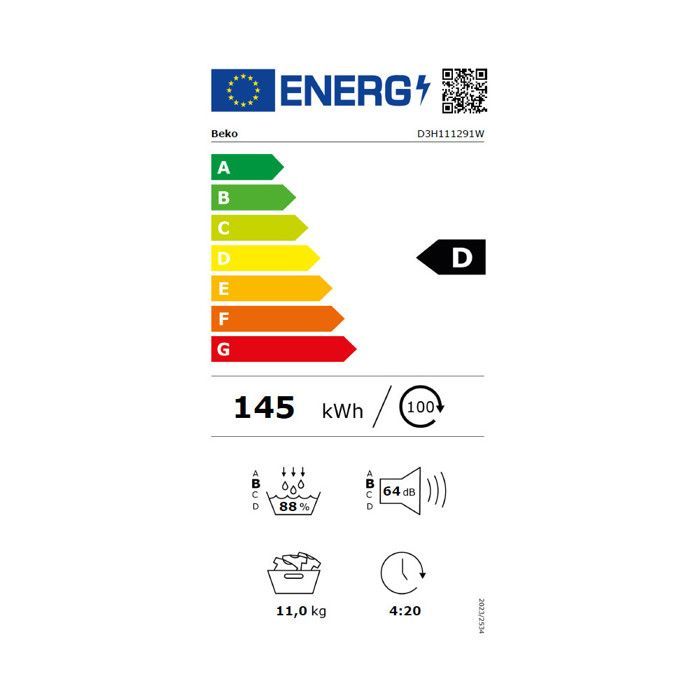 Sèche-linge frontal - BEKO - D3H111291W - 11 kg - Pompe à chaleur - Classe D, Efficacité B