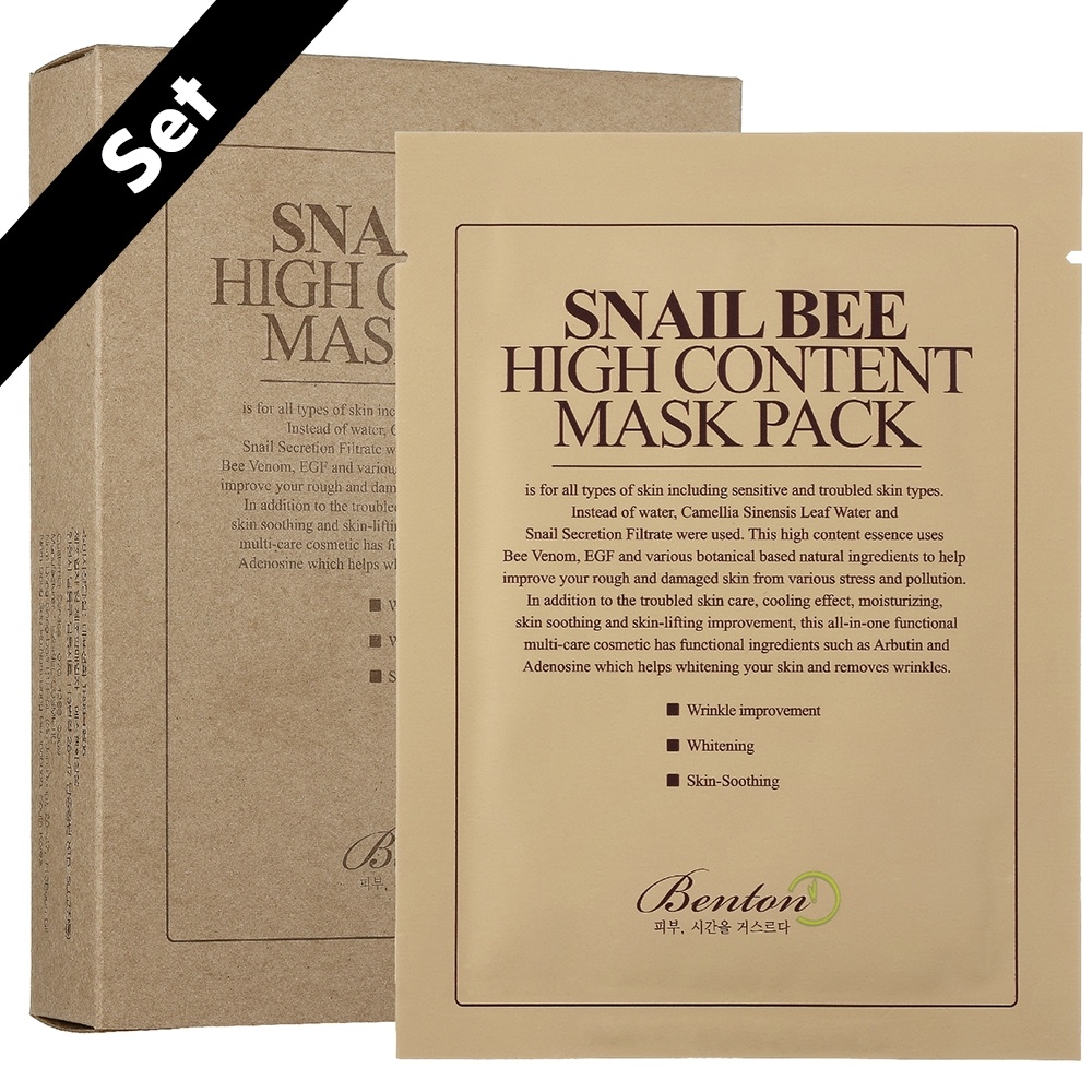 Benton Sheet Masks maska z visoko vsebnostjo polža in čebele - paket 10 kosov