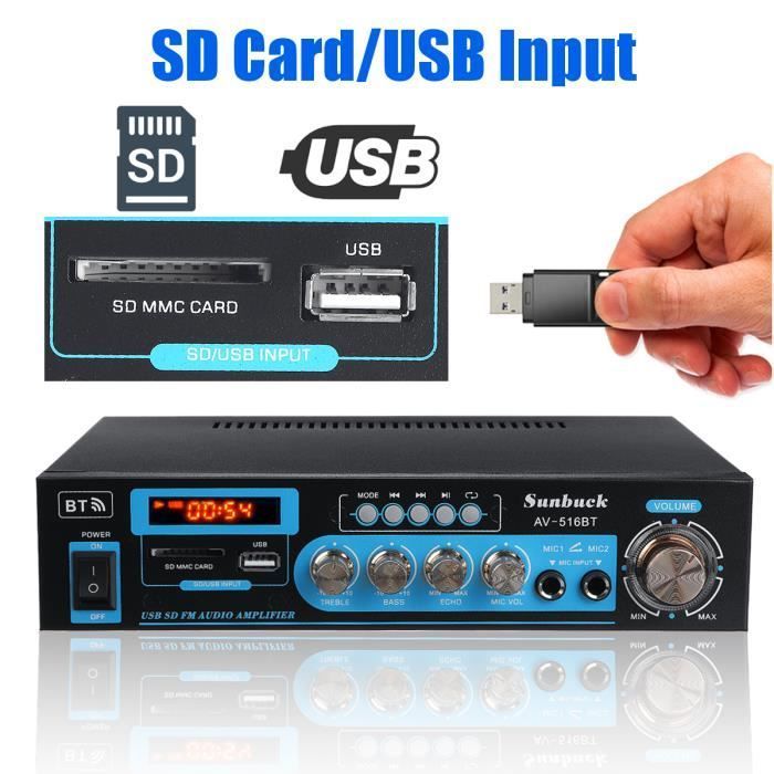 Amplificador/sintonizador estéreo de 1200-2000 W con Bluetooth, entrada de fono, autocalibración y 2 entradas HDMI.
