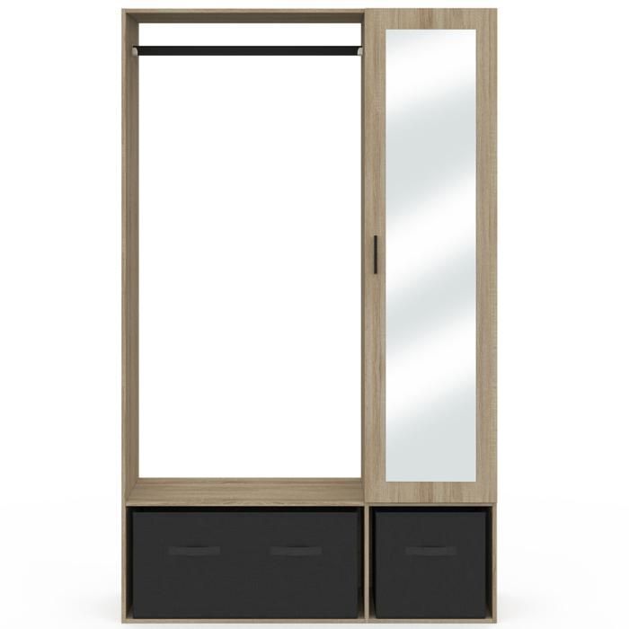 IDMARKET BERENICE wardrobe unit 105 x 40 x 172 cm beech with shelves + black storage boxes + mirror