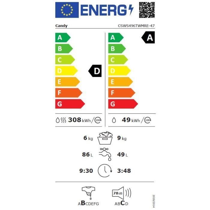Lava e Secadora CANDY CSWS496TWMRE-47 - 9/6 kg - Indução - Vapor - 1400 rpm - Classe Energética A - Conectada - Branca