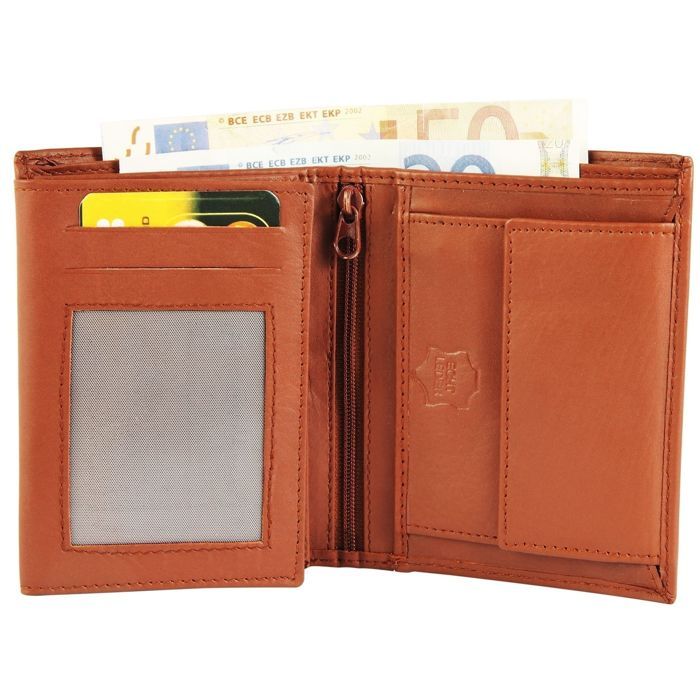 Cartera de hombre - EXCELLANC - Nashat - Piel de vacuno auténtica - Marrón coñac - Compacta con cremallera
