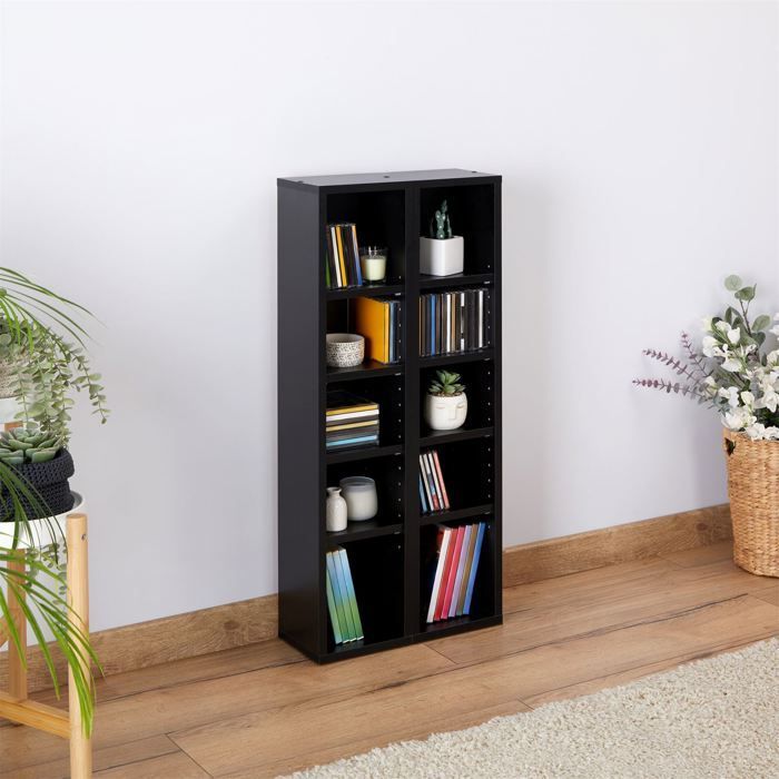 Modulares Musikregalsystem für CDs und DVDs, 2-teiliges Säulenregal mit 10 Fächern, aus mattschwarzem Melamin