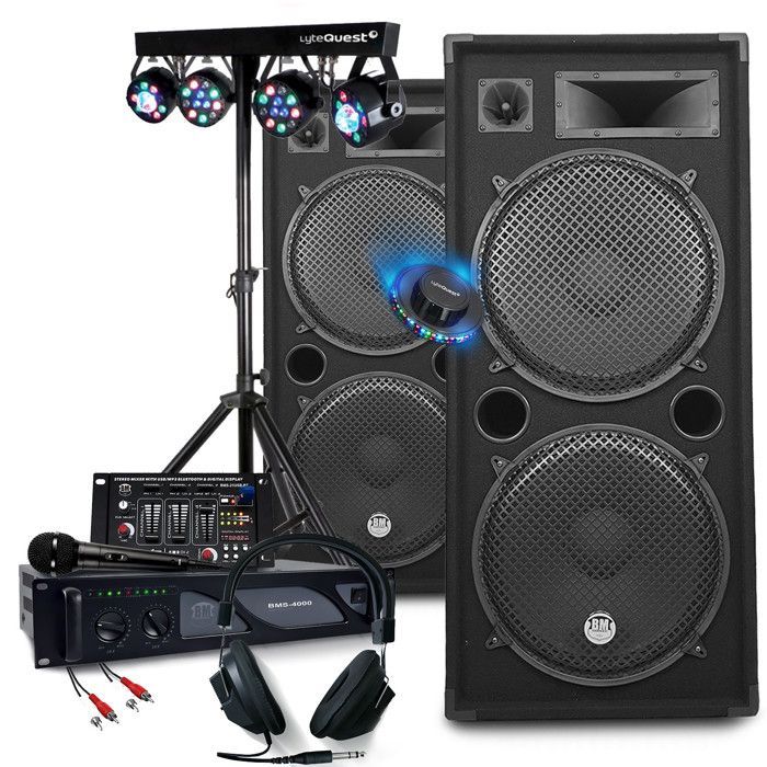 Pacchetto completo per impianto audio DJ: amplificatore da 3000 W + 2 altoparlanti da 2000 W, mixer USB Bluetooth, struttura di illuminazione a LED multieffetto.