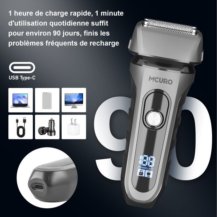 Rasoir Électrique MCURO 2 en 1 Multifonction à 3 Lames - Affichage LED - Avec Tondeuse Pop-up - IPX7 Étanche - Chargement USB