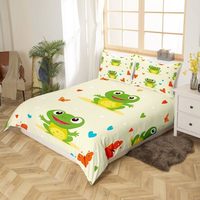 Funda nórdica infantil de rana 140x200cm, juego de ropa de cama Kawaii de dibujos animados de rana y mariposa + 2 fundas de almohada 65x65cm