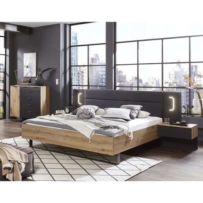 Letto matrimoniale king size (180 x 200 cm) + 2 comodini in rovere artigianale con finitura grafite, Lunghezza 301 x Profondità 210 x Altezza 104 cm