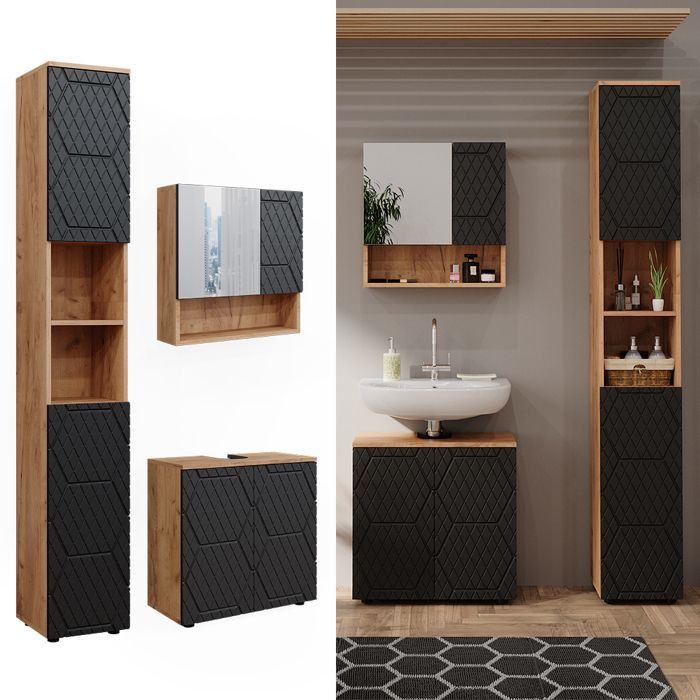 Meubles bain Irma 3 pièces, avec armoire haute Anthracite avec structure en nid d'abeille Vicco 47172