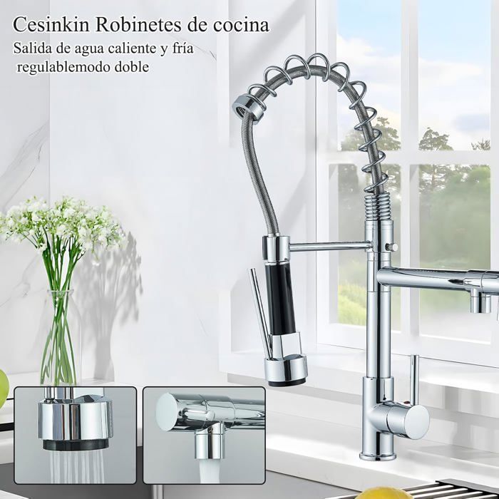 Grifo de cocina JULLYBATHEVY - Monomando - Giratorio 360° - 2 modos - Cromado