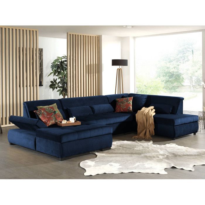 Vermont - Sofá panorámico de esquina derecha - 7 plazas - XXL - en terciopelo - Azul medianoche