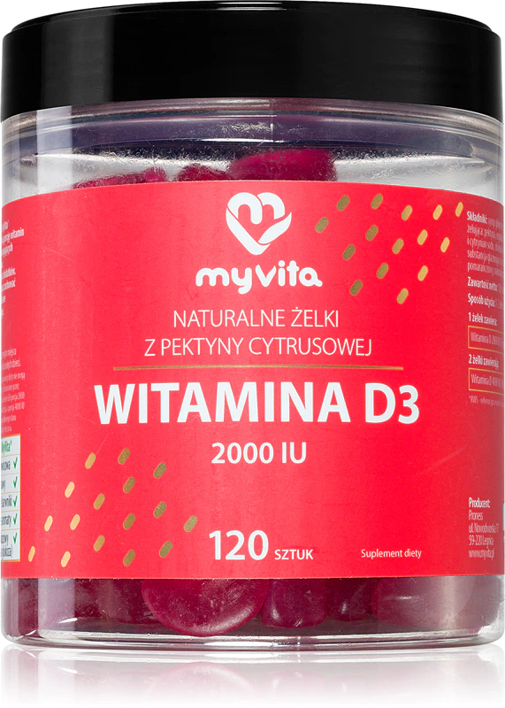 MyVita Natural D3 Gummies 2000 UI, suplemento alimentar em cápsulas mastigáveis macias para o bom funcionamento do sistema imunológico, saúde óssea e função muscular.
