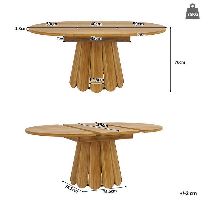 Mesa de comedor redonda extensible - Becag - Mesa de comedor 118-158x118x76cm - 6 personas - Para cocina y salón - Marrón