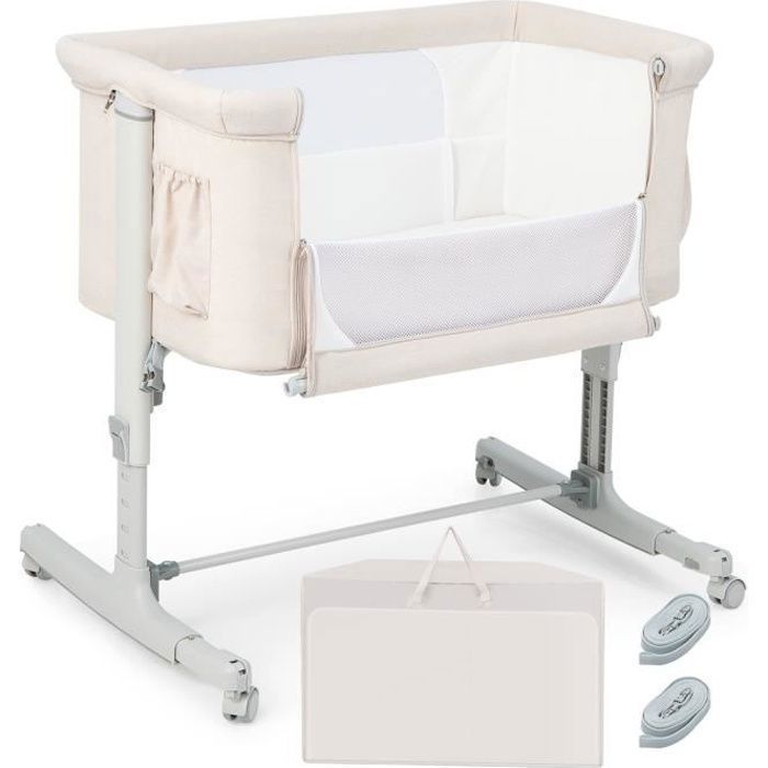 Cuna colecho COSTWAY con 5 alturas ajustables, capacidad de carga de 9 kg, malla transpirable y bolsa de viaje para bebés de 0 a 6 meses, color beige.