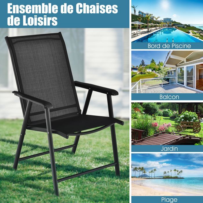 Juego de 2 sillas plegables de jardín para exteriores COSTWAY, con cierre de seguridad, estructura metálica y capacidad de carga de 150 kg, ideales para patio o playa. Color negro.