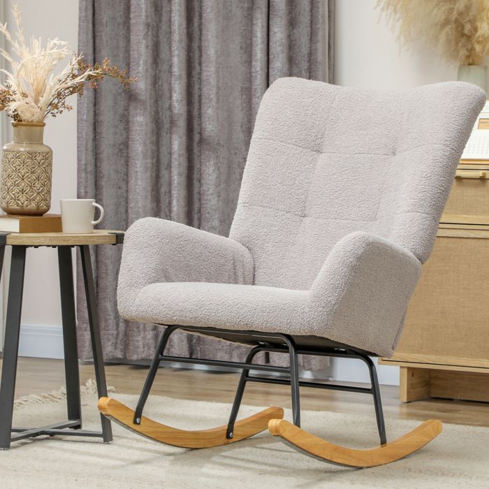 Fauteuil à bascule - HOMCOM - en tissu effet laine bouclée - pieds en bois massif d'hévéa - pour chambre, salon - gris