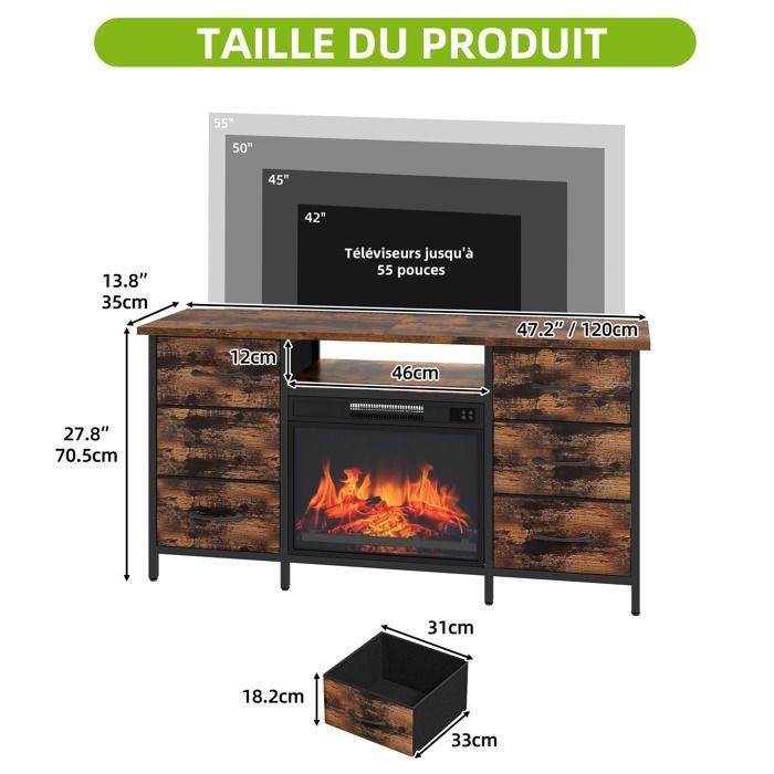 Chimenea eléctrica Balconera de 1800 W/2000 W - Superficie de calefacción de 30 m² - Temperatura de funcionamiento: 17-27 °C - 6 cajones - 120 cm de ancho