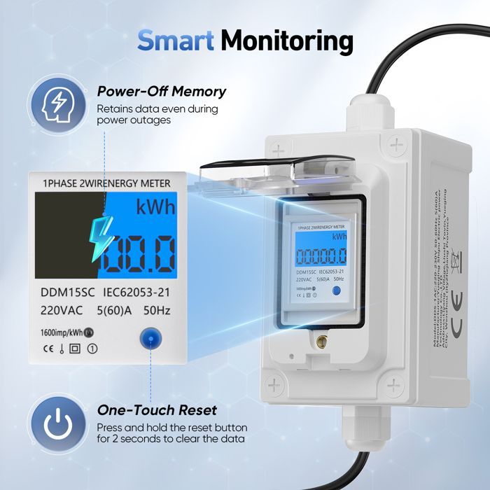 Compteur électrique numérique mobile 230 V 60 A, extérieur, KWH, étanche IP67, prise industrielle, LED, avec réinitialisation