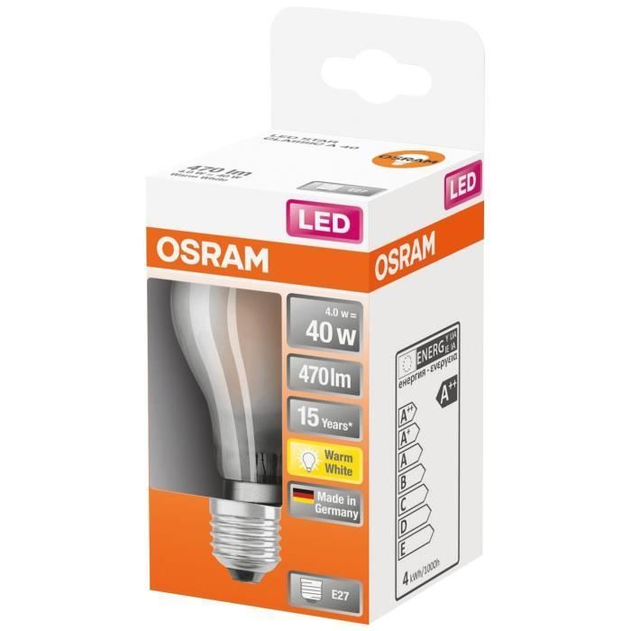 OSRAM - LED estándar con cristal esmerilado, 4W, E27, 470lm, 2700K, caja CHD 1