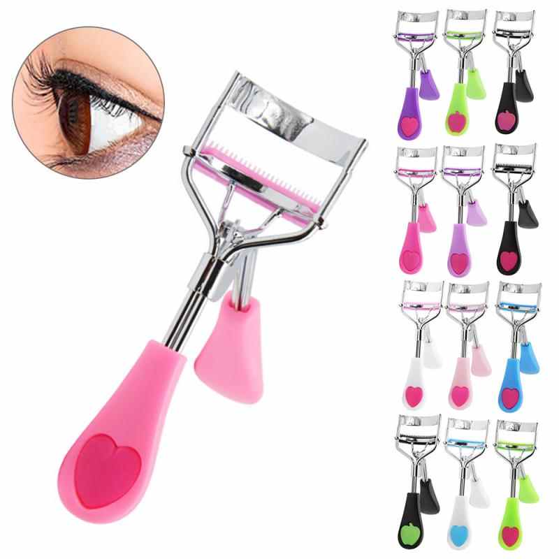 Rizador de pestañas, pinza para rizar pestañas postizas, herramienta cosmética de belleza para maquillaje, mango en forma de corazón de melocotón con peine y pinzas.